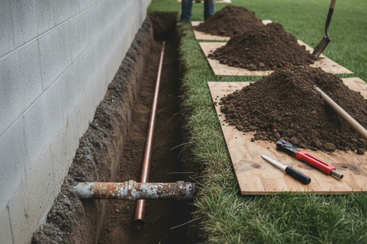 Excavated water line trench during Sewer Line Repair in West Chazy